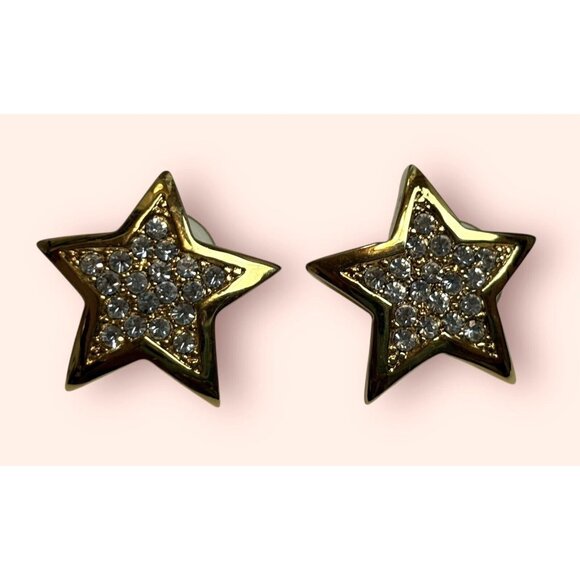Vintage St. John Clear Rhinestone Crystal Gold Tone Star Pierced Earrings - Picture 5 of 8